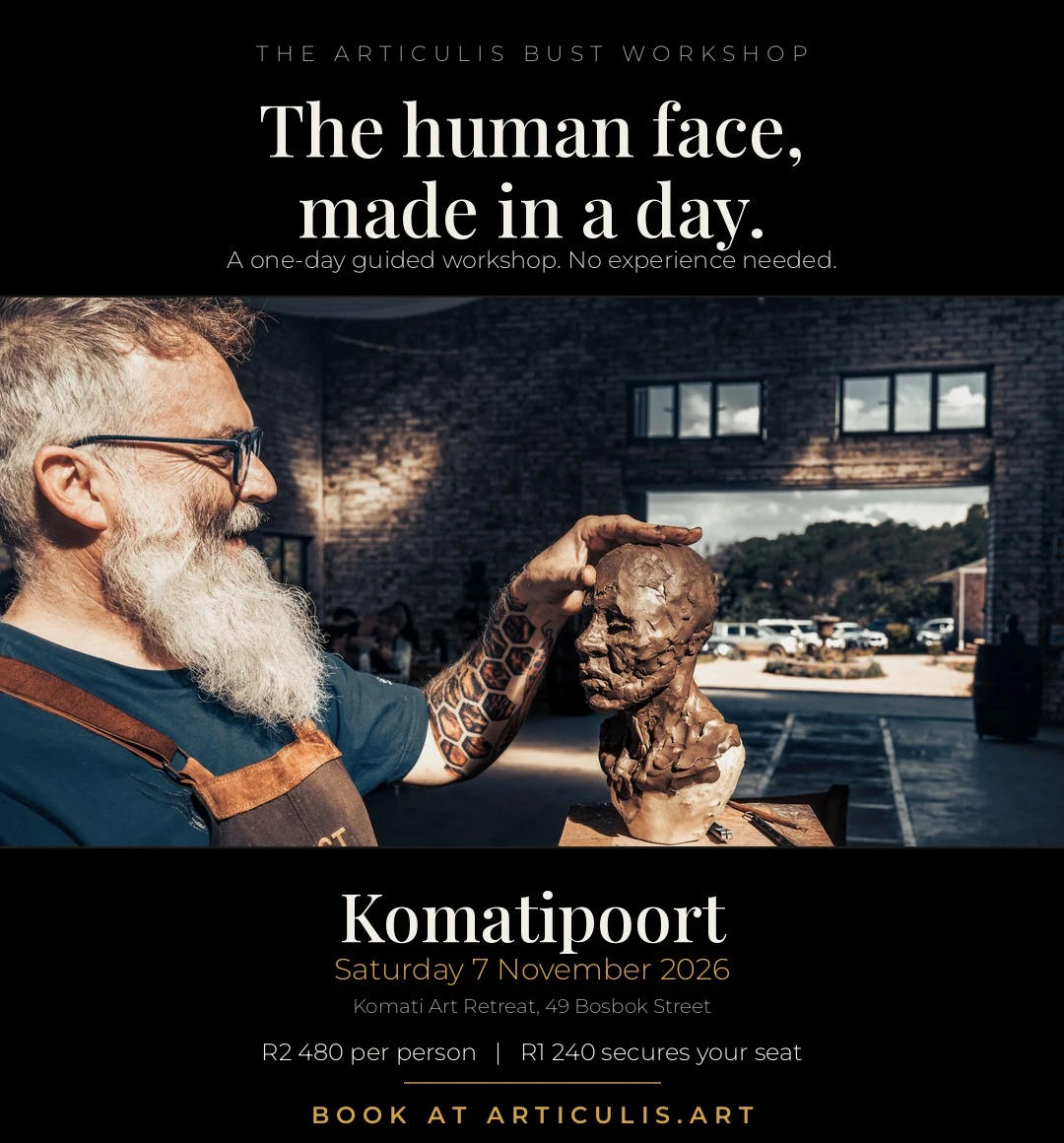 Articulis BUST workshop poster with the confirmed Komatipoort date, price and booking details