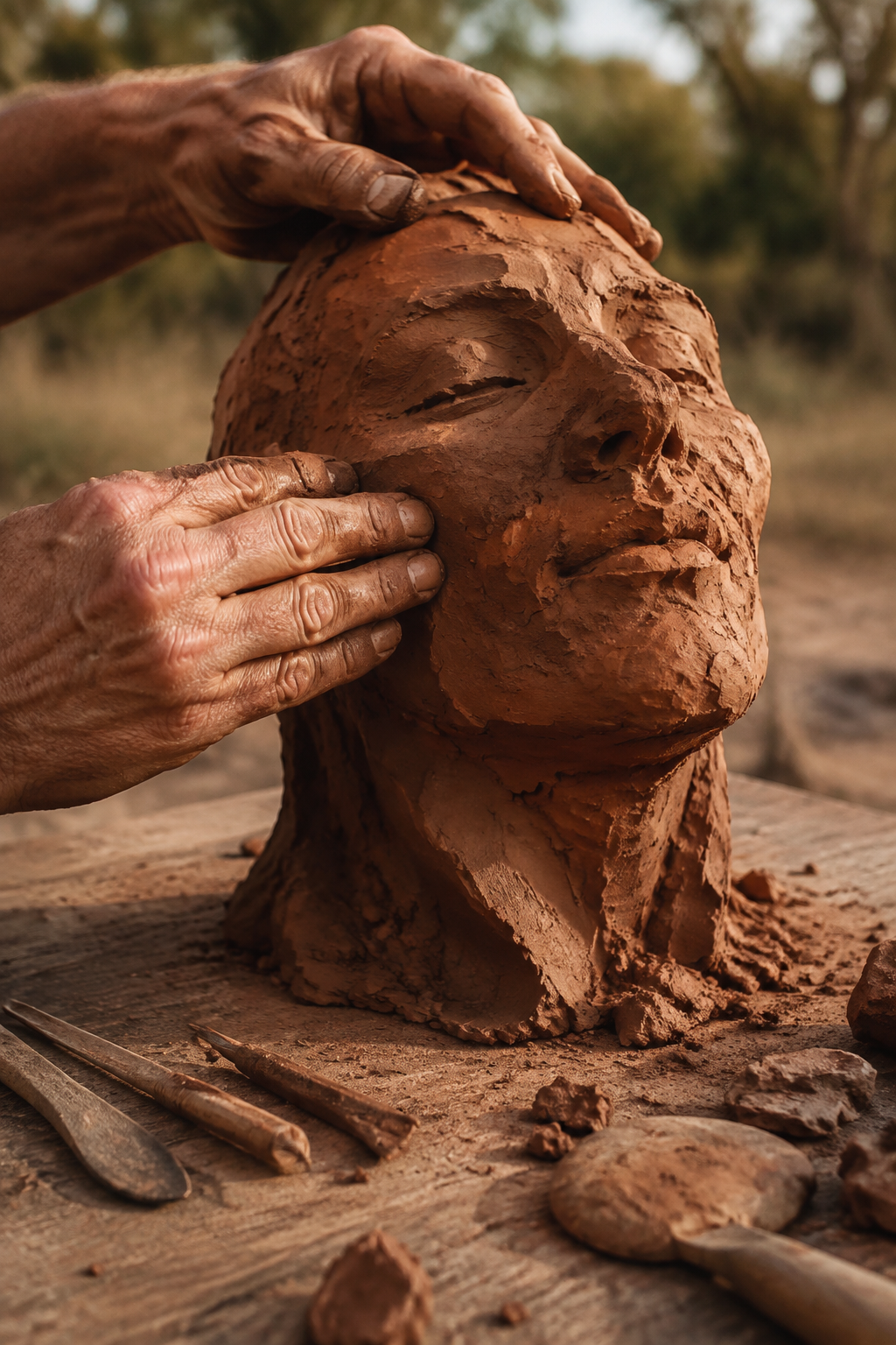 Hands shaping a clay sculpture during an outdoor workshop