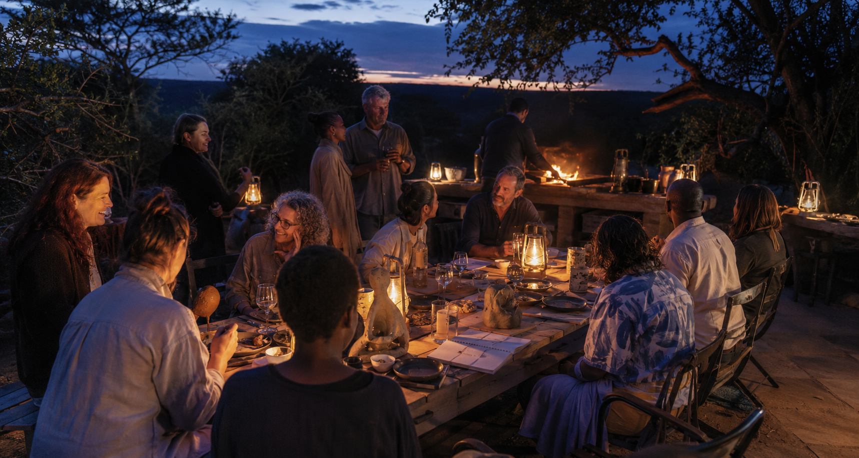 Guests sharing an outdoor evening meal under the trees